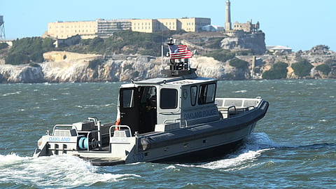 An Oakland Police boat is seen near the site of a pontoon boat accident on Tuesday, July 14, 2026, in San Francisco.