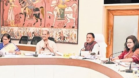 CM Mohan Charan Majhi chairing a meeting of the state cabinet at Lok Seva Bhawan