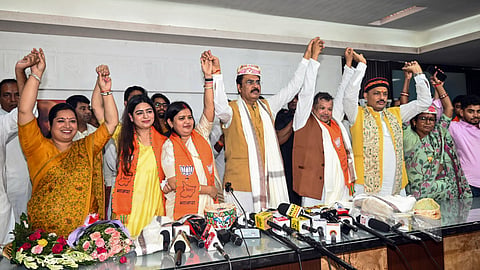 Bihar BJP chief Sanjay Sarogi, with ex-JSP leaders Chetna Jhamb and Shruti Shri and ex-Vikassheel Insaan Party (VIP) leader, poses for a photo as they join the BJP in Patna on Thursday, July 16, 2027.
