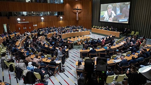 Michelle Bachelet, former Chilean president and a candidate for United Nations secretary-general, speaks during an informal dialogue at U.N. headquarters, Tuesday, April 21, 2026.