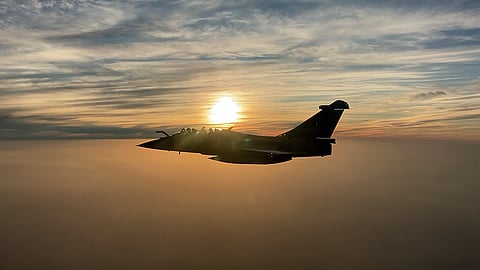 An Indian Air Force Rafale fighter jet takes part in a precision practice sortie.