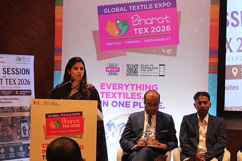 Rohini Sindhuri, Secretary of Karnataka Commerce & Industries Department speaking at the Bharat Tex 2026 in New Delhi on Wednesday.