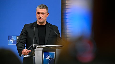 Ukraine's Defence Minister Mykhailo Fedorov speaks during a press conference after a meeting of the Ukraine Defence Contact Group during a NATO Defence Ministers meeting at the NATO headquarters, in Brussels, on June 18, 2026.