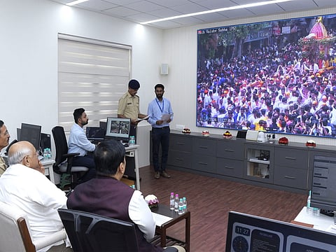 Gujarat CM reviews real-time monitoring of Jagannath Rath Yatra through CM dashboard in Ahmedabad.