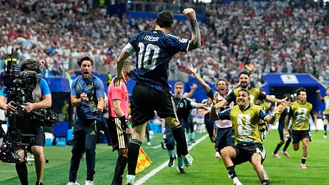 Lionel Messi celebrates Argentina's second goal against England in Atlanta Stadium on Wednesday