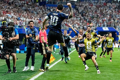 Lionel Messi celebrates Argentina's second goal against England in Atlanta Stadium on Wednesday