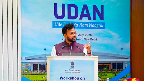 Union Civil Aviation Minister Ram Mohan Naidu speaks during an event at the Vigyan Bhawan in New Delhi on Thursday, July 17, 2026.