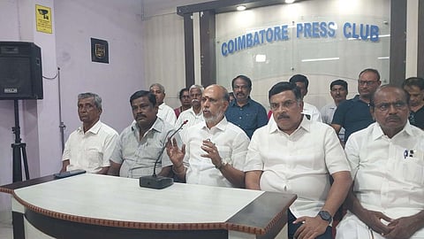 Members of the Joint Action Committee of Singanallur Tamil Nadu Housing Board House Owners for Integrated Restructuring and the selected builder address press in Coimbatore on Wednesday.