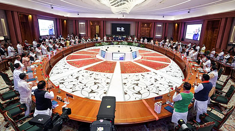 In this photo from June 10, 2026, Prime Minister Narendra Modi chairs a high-level NDA conclave at the Bharat Mandapam in New Delhi.