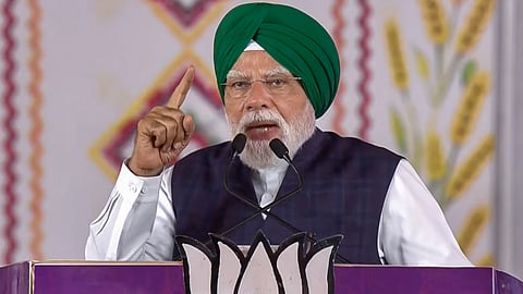 Prime Minister Narendra Modi addresses the gathering during a public meeting, in Jalandhar, Punjab.