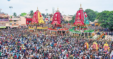 Chariots of the Holy Trinity parked outside Sri Gundicha Temple after completing the journey on the second day of the annual Rath Yatra in Puri on Friday