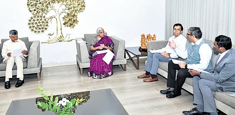 CM Chandrababu Naidu and officials at a meeting with Union Finance Minister Nirmala Sitharaman in Undavalli