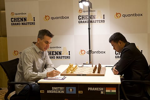 Pranesh M(R) during the match on Friday