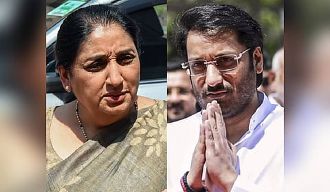 Deputy Chief Minister Sunetra Pawar (L) and her son Parth Pawar.
