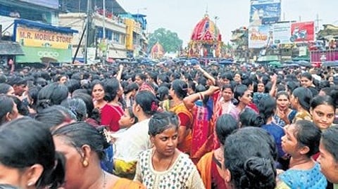 Women devotees pulling the chariot of Devi Subhadra at Baripada on Friday.