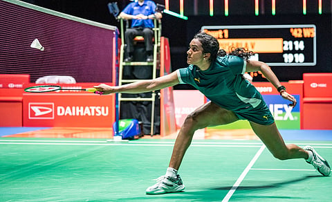 PV Sindhu in action against Chen Yufei in the semifinals on Saturday