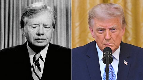 (L) US President Jimmy Carter prepares to make a national television address from the Oval Office at the White House, April 25, 1980, in Washington, on the failed mission to rescue the Iran hostages. (R) US President Donald Trump speaks in the East Room of the White House, July 16, 2026, in Washington.