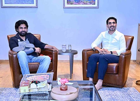 HRD & IT Minister Nara Lokesh on Saturday visited Deputy CM Pawan Kalyan, who is recuperating at his Hyderabad residence after shoulder surgery in Mumbai.