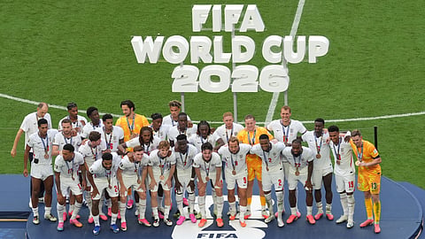 England poses with their medals after winning the World Cup third-place playoff soccer match between France and England in Miami Gardens, Fla., Saturday, July 18, 2026.