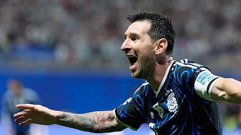 Argentina's Lionel Messi celebrates after teammate Lautaro Martinez scored their side's second goal during the World Cup semifinal soccer match between England and Argentina in Atlanta, Wednesday, July 15, 2026.