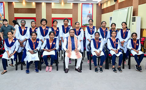 Chief Minister Mohan Charan Majhi among physically challenged girls of Keonjhar based Seva Foundation at his residence in Bhubaneswar.