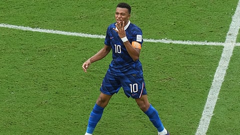 France's Kylian Mbappe (10) celebrates scoring their third goal during the World Cup third-place playoff soccer match between France and England in Miami Gardens, Fla., Saturday, July 18, 2026. (