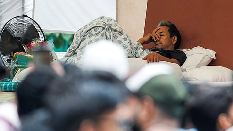 Activist Sonam Wangchuk, who has been on an indefinite hunger strike for 21 days, before being shifted to a hospital from Jantar Mantar, in New Delhi, Saturday, July 18, 2026.