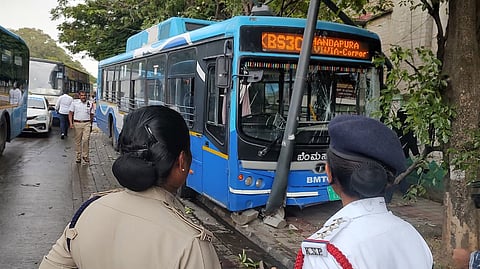 The electric BMTC bus that hit the auto near KR Circle.