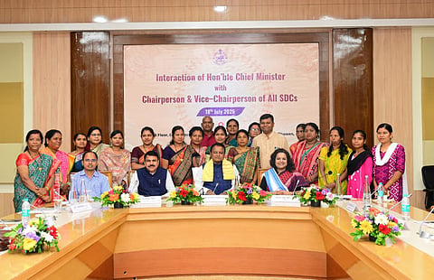 Chief Minister Mohan Charan Majhi, STs & SCs Development Minister Nityananda Gond and Chief Secretary Anu Garg with SDC chairperosns and vice-chairpersons at Lok Seva Bhawan.