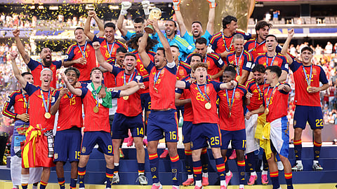 Spain's team captain Rodri lifts the trophy after winning the World Cup final soccer match between Spain and Argentina in East Rutherford, N.J., near New York, Sunday, July 19, 2026.
