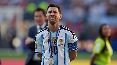 Argentina's Lionel Messi (10) cries at the end of the World Cup final soccer match between Spain and Argentina in East Rutherford, N.J., near New York, Sunday, July 19, 2026.