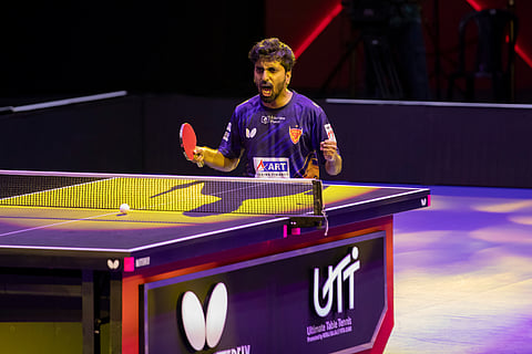 Sathiyan Gnanasekaran celebrates his victory on Monday