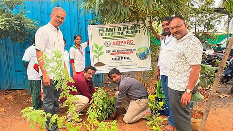 In connection with the "58th Banks Nationalization Day" the Canara Bank Syndicate Pensioners and Retirees Association (CBSPRA) organised Planting of Saplings at the Ongole RUDESET office premises on Sunday.