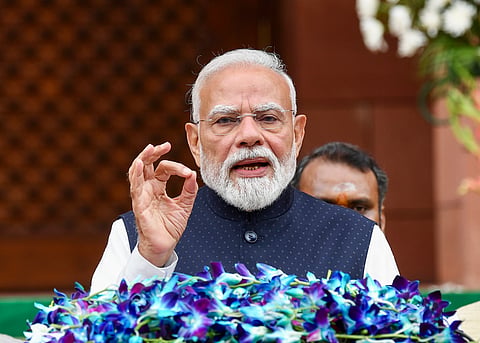 Prime Minister Narendra Modi addresses the media ahead of the Monsoon Session of Parliament, in New Delhi on Monday.
