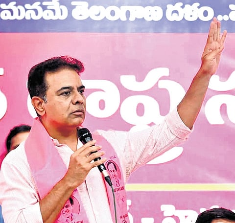BRs working president KT Rama Rao speaks during a meeting with party members in Hyderabad on Monday.