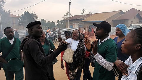 Health workers involved in Congo's Ebola response go on strike as they protest over payment issues in Bunia, Congo, Wednesday, July 15, 2026.