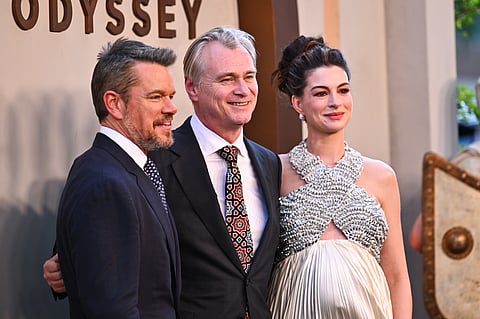Matt Damon, from left, director Christopher Nolan, and Anne Hathaway attend the premiere of "The Odyssey" at AMC Lincoln Square on Tuesday, July 14, 2026, in New York.