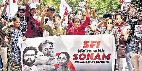 University of Madras students, affiliated with the SFI, staging a demonstration on the premises of the institution on Monday, condemning the forcible hospitalisation of activist Sonam Wangchuk in New Delhi.