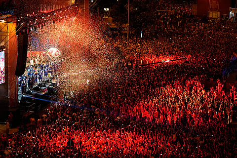 Players from Spain’s national soccer team celebrate at Cibeles Square in Madrid on Monday, July 20, 2026, after Spain defeated Argentina in the World Cup final in East Rutherford, N.J., near New York.