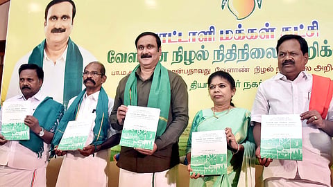 PMK president Dr. Anbumani Ramadoss releases the party's Agriculture Shadow Budget to the media during a press conference held in Chennai on Monday.