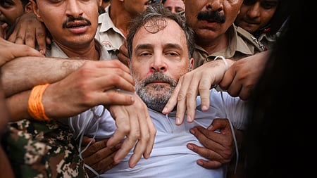 New Delhi: Leader of the Opposition in the Lok Sabha Rahul Gandhi being detained by police during a protest by Congress leaders outside Prime Minister Narendra Modi’s official residence at 7, Lok Kalyan Marg, in New Delhi on Tuesday, July 21, 2026.