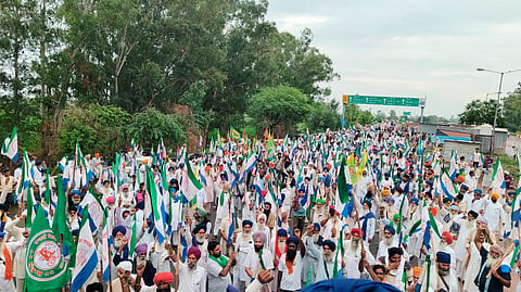 Farmers march towards Delhi to participate in the Kisan Mahapanchayat against the proposed India-US trade deal, at Shambhu Border, Haryana, Tuesday, July 21, 2026.