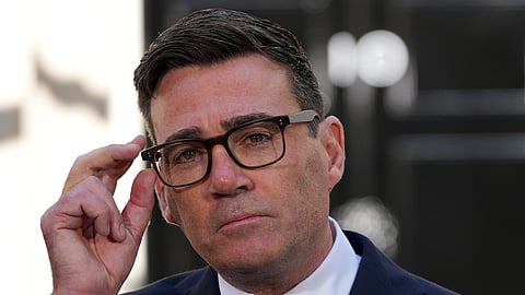 Britain's new Prime Minister Andy Burnham speaks to staff and media at 10 Downing Street in London, Monday, July 20, 2026.