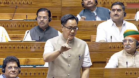 Union Minister of Parliamentary Affairs Kiren Rijiju speaks in the Lok Sabha during the Monsoon Session of the Parliament in New Delhi, Wednesday, July 22, 2026.