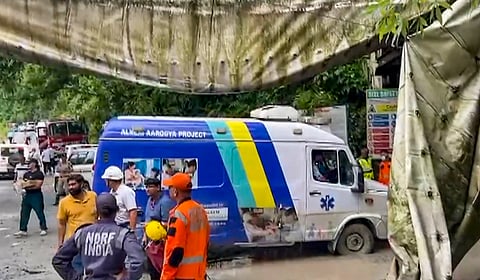 Rescue personnel and emergency responders near the under-construction NHPC Teesta Stage VI Hydroelectric Project tunnel, in Namchi district, Sikkim.