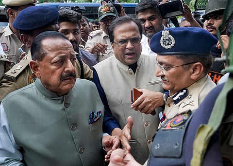 MoS Jitendra Singh arrives to interact with Congress members who staged a protest near the Prime Minister’s residence.