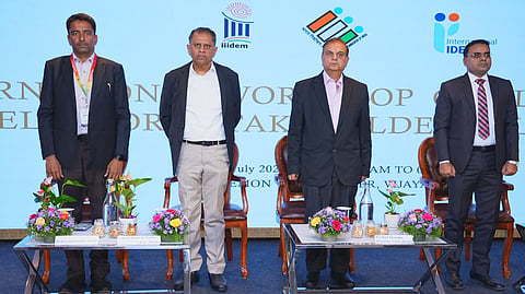 NTR District Collector G Lakshmisha, State Election Commissioner Anil Chandra Puneetha, Former SEC N Ramesh Kumar and AP CEO Vivek Yadav during the International Workshop on 'Voter Eligibility' in Vijayawada on Tuesday.