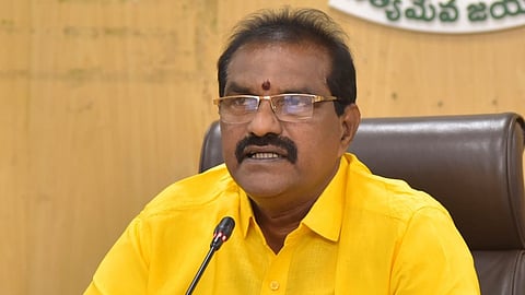 Water resources minister Nimmala Rama Naidu addressing the media at Secretariat on Tuesday.