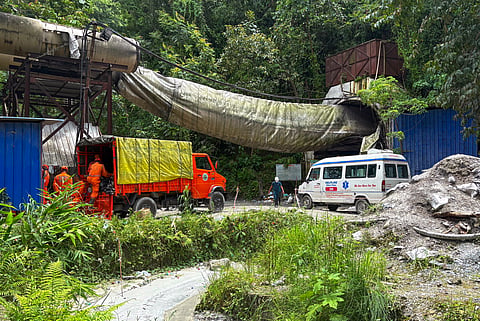 Officials present at the site after a tunnel under construction collapsed following an explosion of suspected methane gas, leaving at least 20 workers killed and five others trapped for over 24 hours, in Namchi district, Sikkim, Wednesday, July 22, 2026.