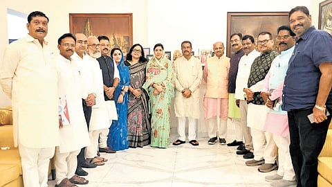 Union minister Dharmendra Pradhan with BJP MPs from Odisha after the meeting